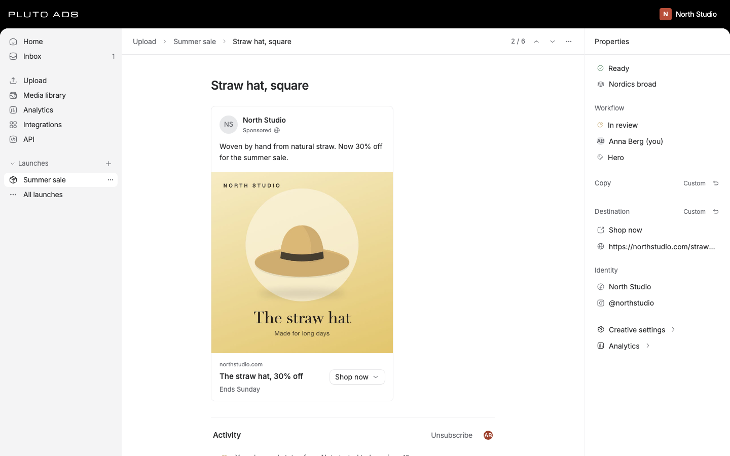 The ad editor with the preview and the properties panel