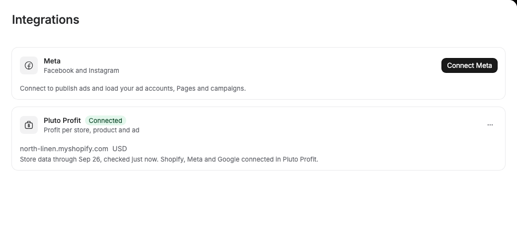 Integrations with Pluto Profit connected