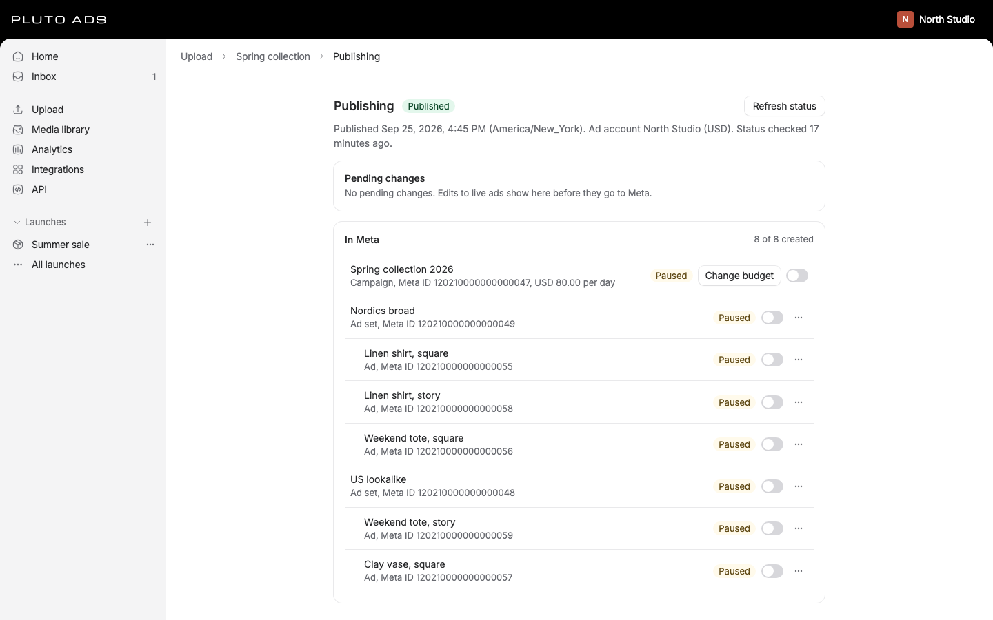 The Publishing panel with objects in Meta and their status