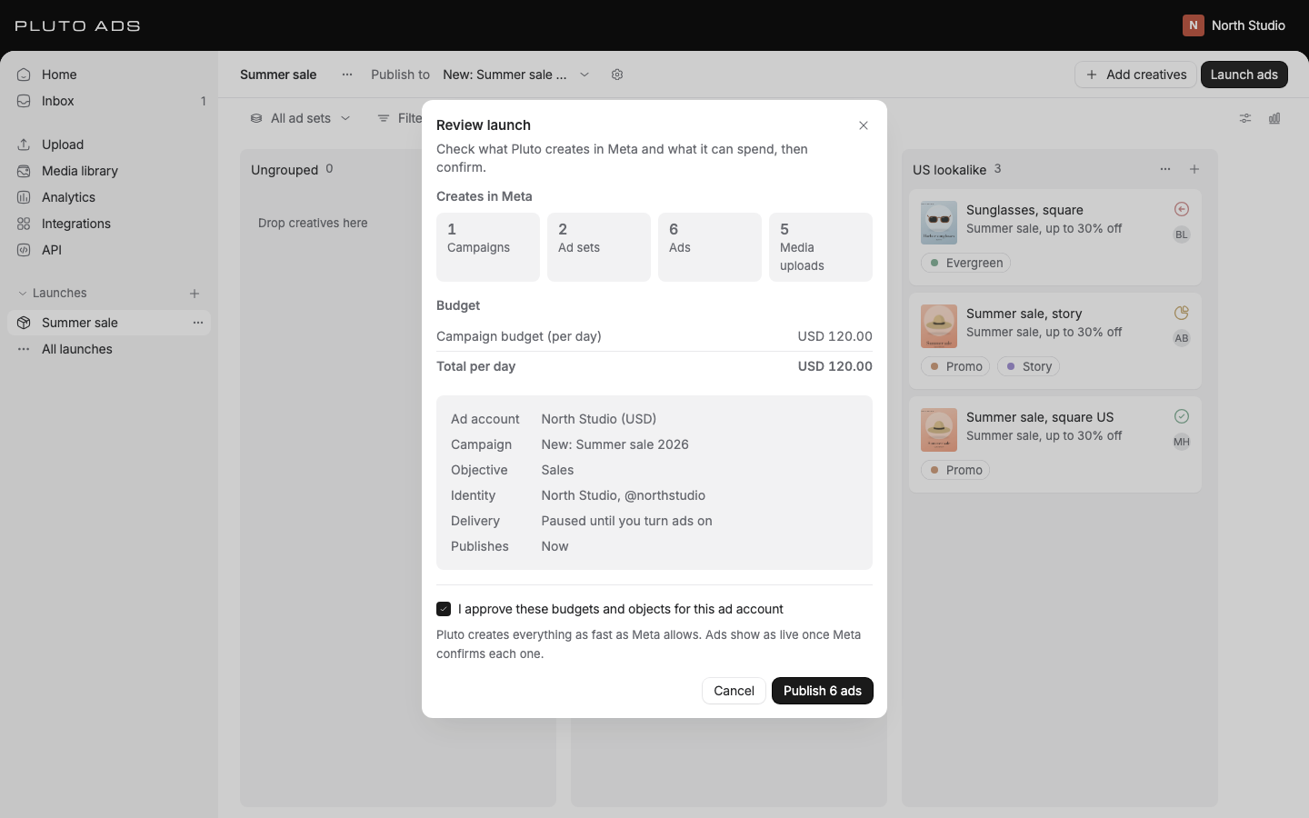 The Review launch dialog with what Pluto creates in Meta and the budget